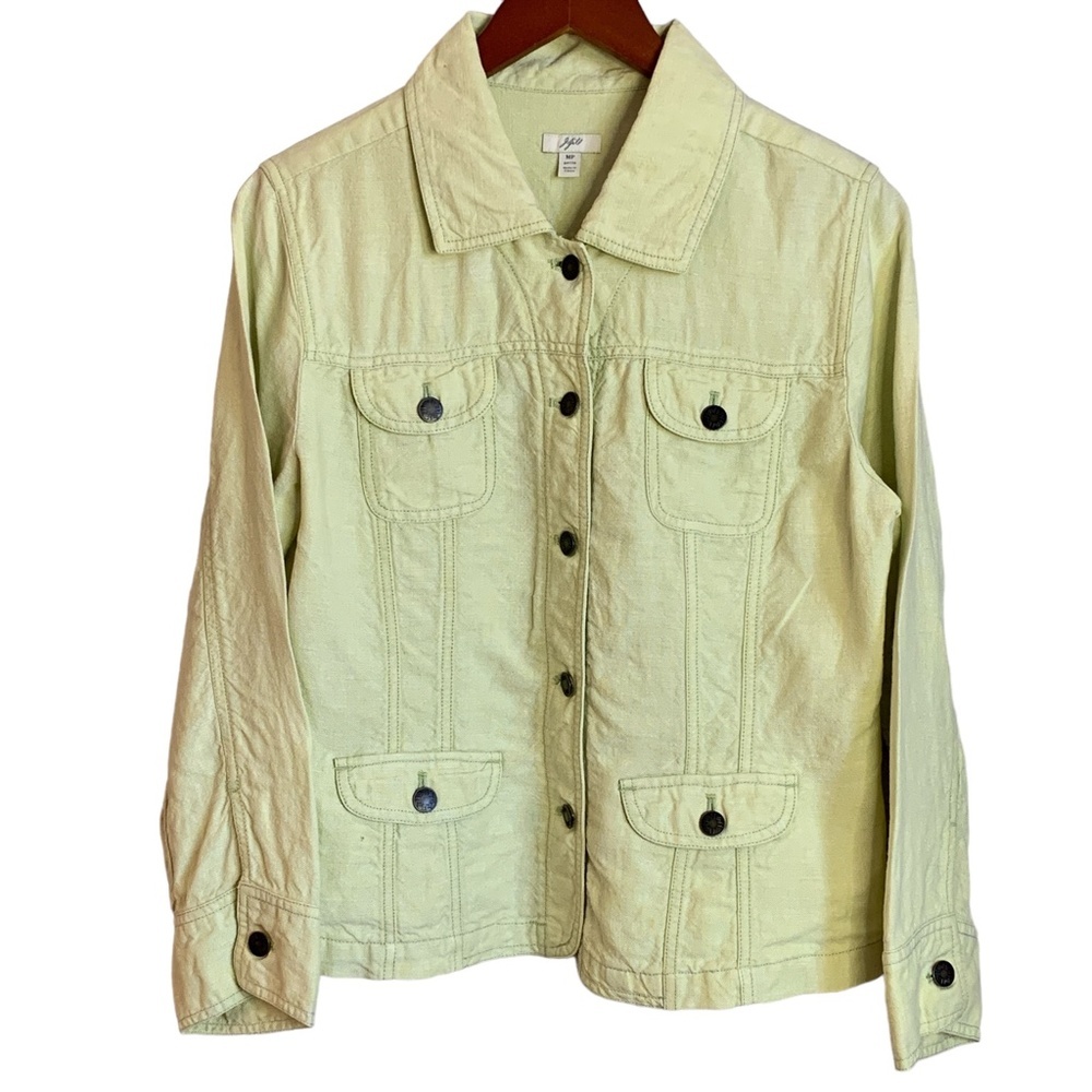 J Jill Womens Green Linen Button Jacket Chore Coat Sz MP Neutral Spring Summer